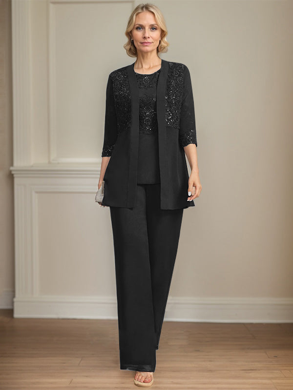 Jumpsuit/Pantsuit Separates Scoop Floor-Length Chiffon Lace Mother of the Bride Dress With Sequins