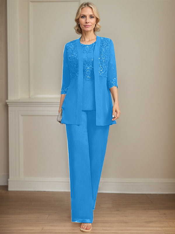 Jumpsuit/Pantsuit Separates Scoop Floor-Length Chiffon Lace Mother of the Bride Dress With Sequins