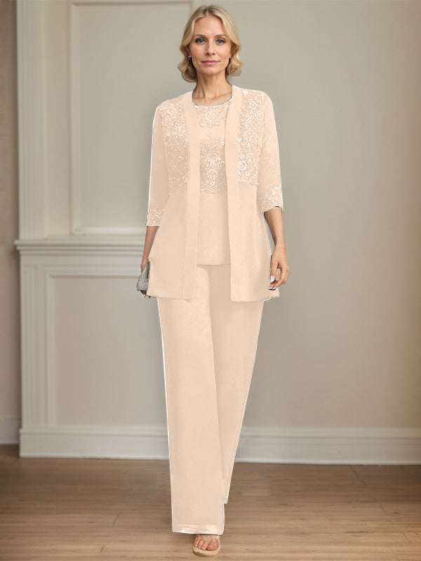 Jumpsuit/Pantsuit Separates Scoop Floor-Length Chiffon Lace Mother of the Bride Dress With Sequins