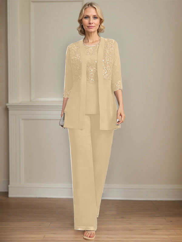Jumpsuit/Pantsuit Separates Scoop Floor-Length Chiffon Lace Mother of the Bride Dress With Sequins