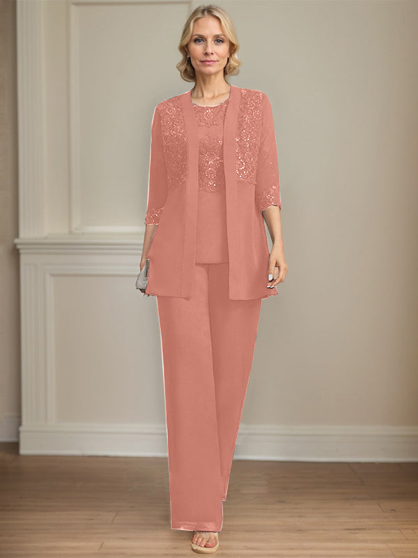 Jumpsuit/Pantsuit Separates Scoop Floor-Length Chiffon Lace Mother of the Bride Dress With Sequins