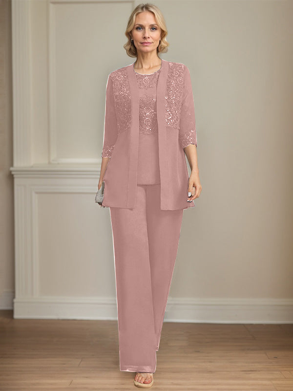 Jumpsuit/Pantsuit Separates Scoop Floor-Length Chiffon Lace Mother of the Bride Dress With Sequins