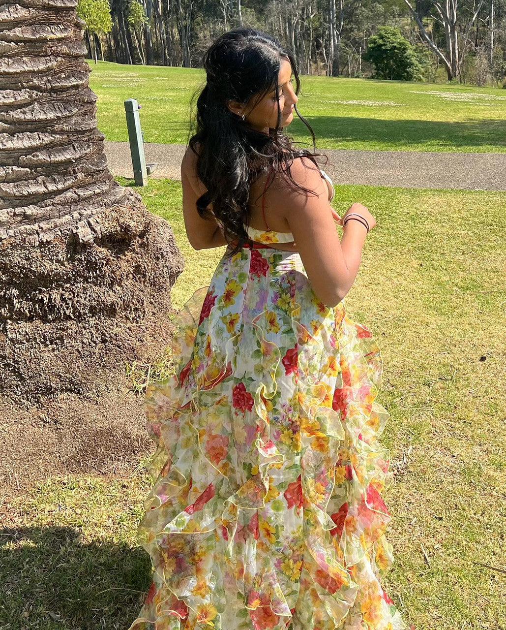 Floral Ruffle V-neck Spaghetti Strap A-line Long Evening Dress,Prom Dress