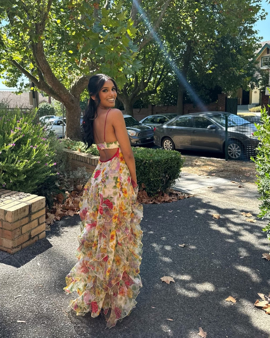 Floral Ruffle V-neck Spaghetti Strap A-line Long Evening Dress,Prom Dress