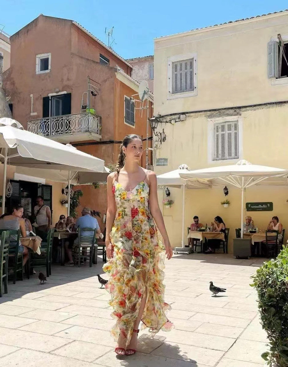 Floral Ruffle V-neck Spaghetti Strap A-line Long Evening Dress,Prom Dress