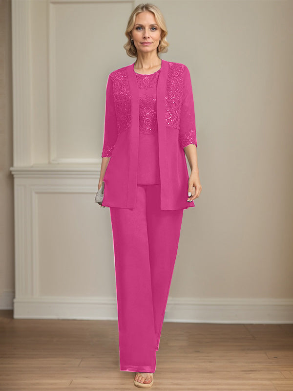 Jumpsuit/Pantsuit Separates Scoop Floor-Length Chiffon Lace Mother of the Bride Dress With Sequins