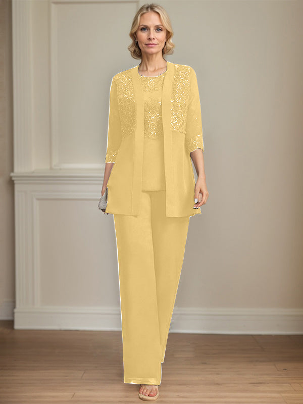 Jumpsuit/Pantsuit Separates Scoop Floor-Length Chiffon Lace Mother of the Bride Dress With Sequins