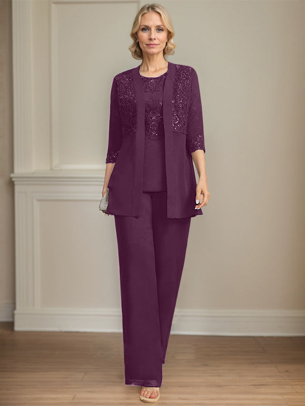 Jumpsuit/Pantsuit Separates Scoop Floor-Length Chiffon Lace Mother of the Bride Dress With Sequins