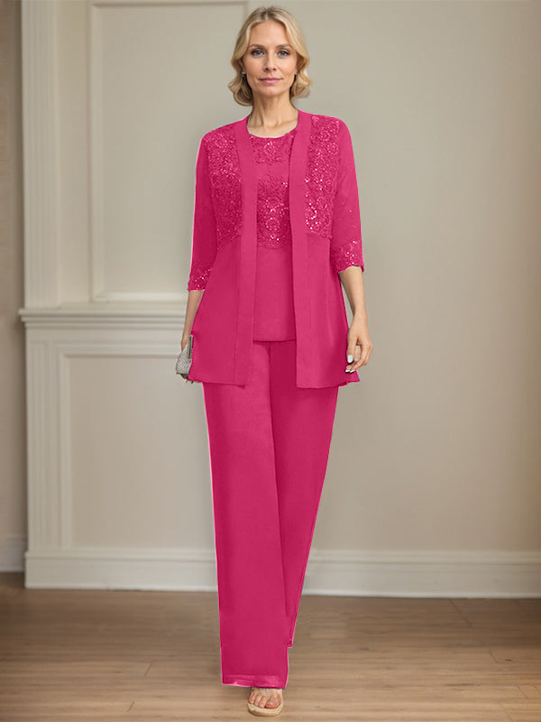 Jumpsuit/Pantsuit Separates Scoop Floor-Length Chiffon Lace Mother of the Bride Dress With Sequins