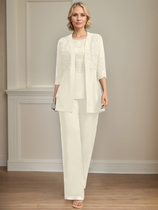 Jumpsuit/Pantsuit Separates Scoop Floor-Length Chiffon Lace Mother of the Bride Dress With Sequins