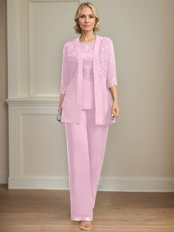 Jumpsuit/Pantsuit Separates Scoop Floor-Length Chiffon Lace Mother of the Bride Dress With Sequins