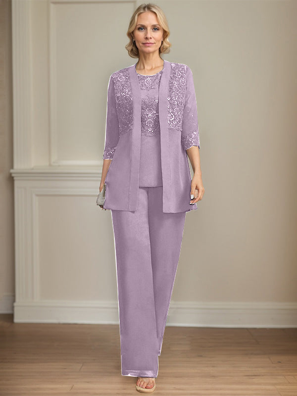 Jumpsuit/Pantsuit Separates Scoop Floor-Length Chiffon Lace Mother of the Bride Dress With Sequins