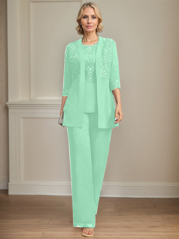 Jumpsuit/Pantsuit Separates Scoop Floor-Length Chiffon Lace Mother of the Bride Dress With Sequins