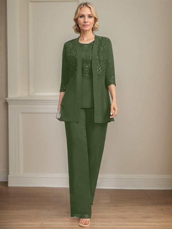 Jumpsuit/Pantsuit Separates Scoop Floor-Length Chiffon Lace Mother of the Bride Dress With Sequins