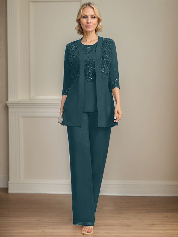 Jumpsuit/Pantsuit Separates Scoop Floor-Length Chiffon Lace Mother of the Bride Dress With Sequins