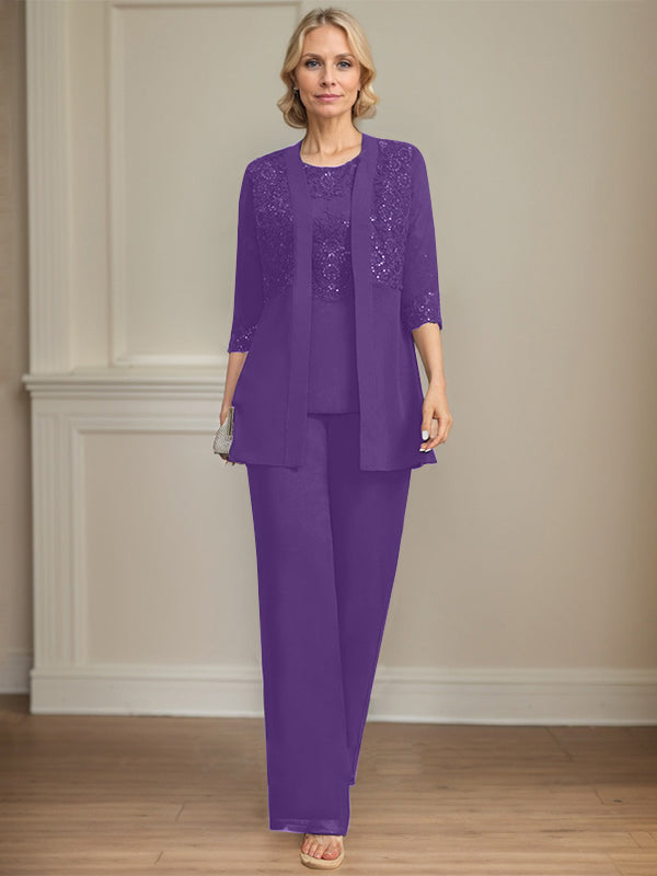 Jumpsuit/Pantsuit Separates Scoop Floor-Length Chiffon Lace Mother of the Bride Dress With Sequins