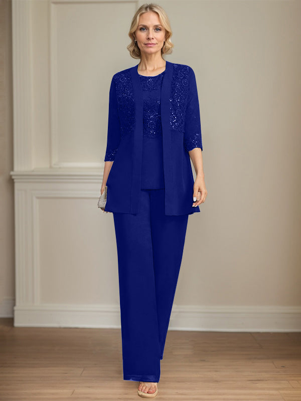 Jumpsuit/Pantsuit Separates Scoop Floor-Length Chiffon Lace Mother of the Bride Dress With Sequins