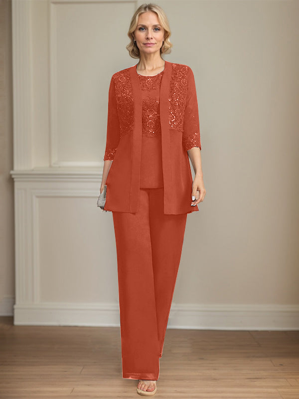 Jumpsuit/Pantsuit Separates Scoop Floor-Length Chiffon Lace Mother of the Bride Dress With Sequins