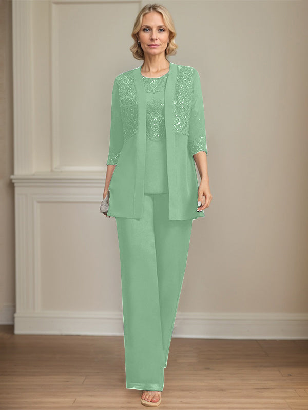 Jumpsuit/Pantsuit Separates Scoop Floor-Length Chiffon Lace Mother of the Bride Dress With Sequins