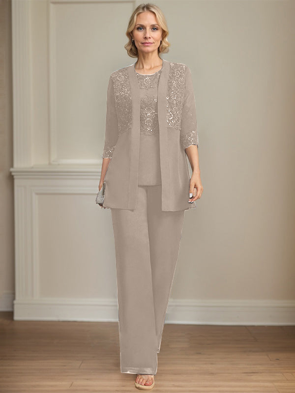 Jumpsuit/Pantsuit Separates Scoop Floor-Length Chiffon Lace Mother of the Bride Dress With Sequins