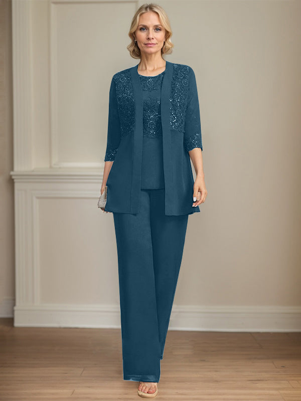 Jumpsuit/Pantsuit Separates Scoop Floor-Length Chiffon Lace Mother of the Bride Dress With Sequins