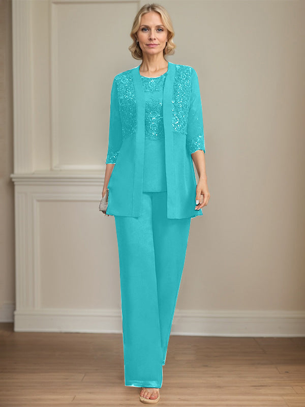 Jumpsuit/Pantsuit Separates Scoop Floor-Length Chiffon Lace Mother of the Bride Dress With Sequins