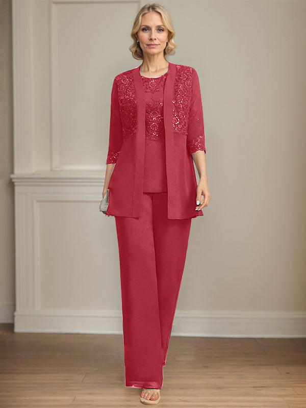 Jumpsuit/Pantsuit Separates Scoop Floor-Length Chiffon Lace Mother of the Bride Dress With Sequins