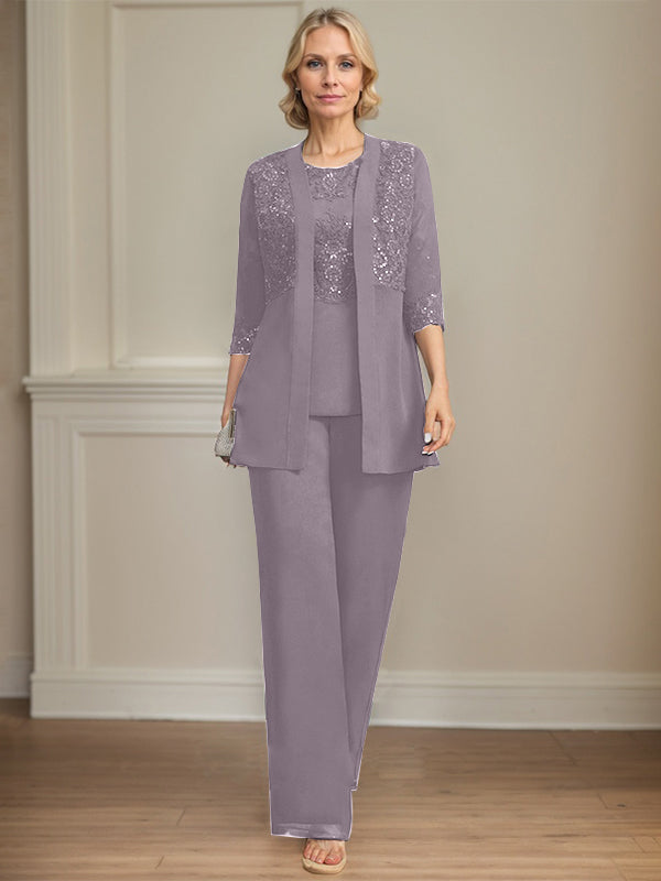 Jumpsuit/Pantsuit Separates Scoop Floor-Length Chiffon Lace Mother of the Bride Dress With Sequins