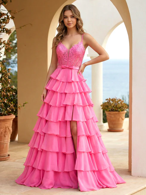 Fuchsia A Line  Applique Bow Prom Gowns with Slit