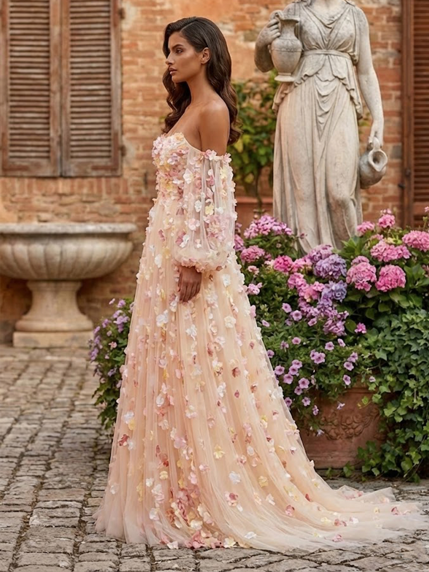 3D Flower Prom Dresses for Teens Puff Sleeves Spring Wedding Guest Dress