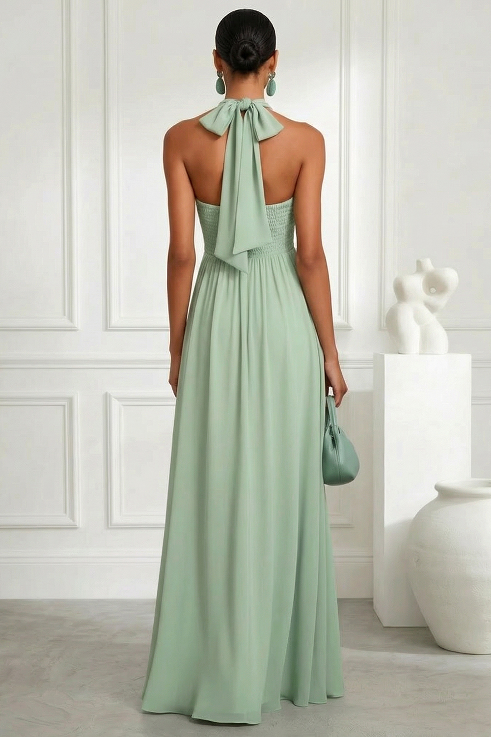 Sage Green Halter Neck Chiffon Maxi Gown with Back Bow Tie