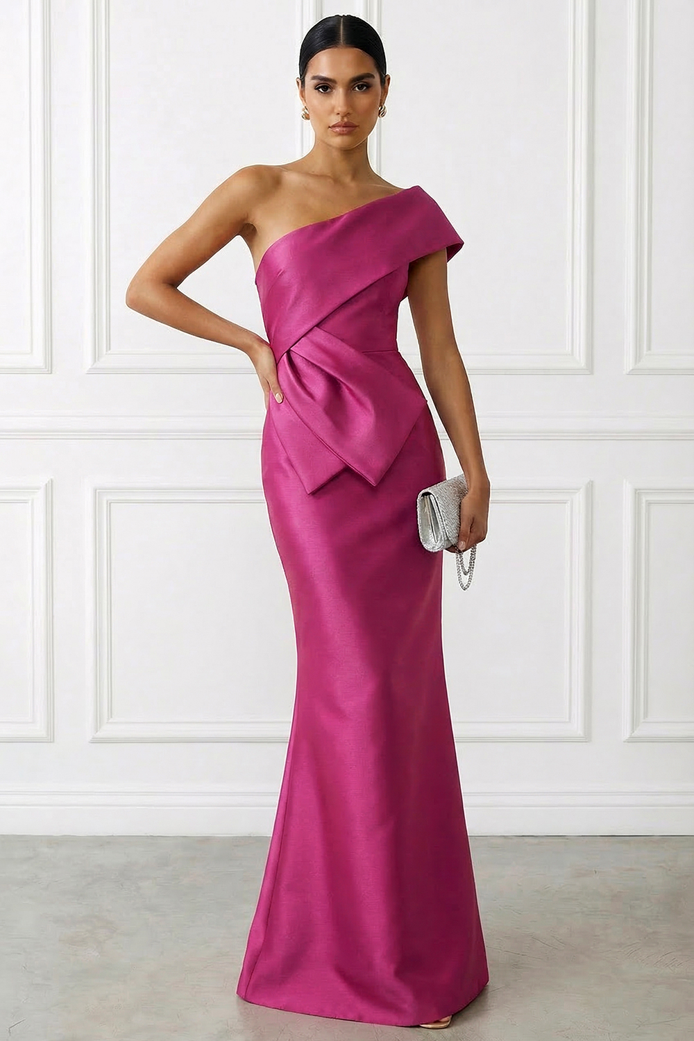 Raspberry Formal Evening Dress Mermaid Asymmetrical Neck Satin Maxi Dress