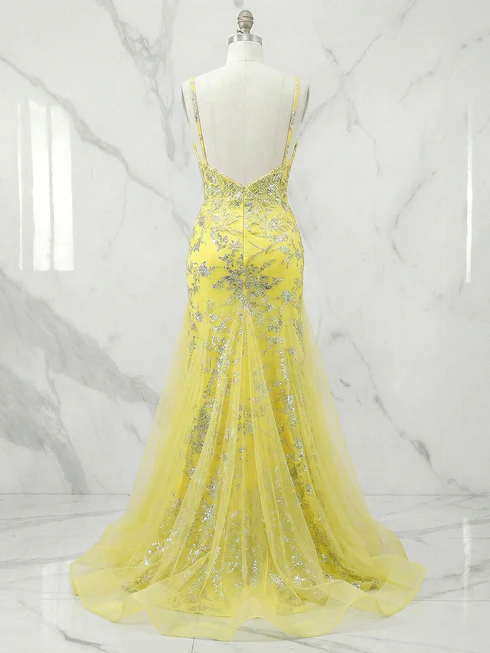 Yellow Spaghetti Straps Lace Applique V Neck Mermaid Prom Dresses