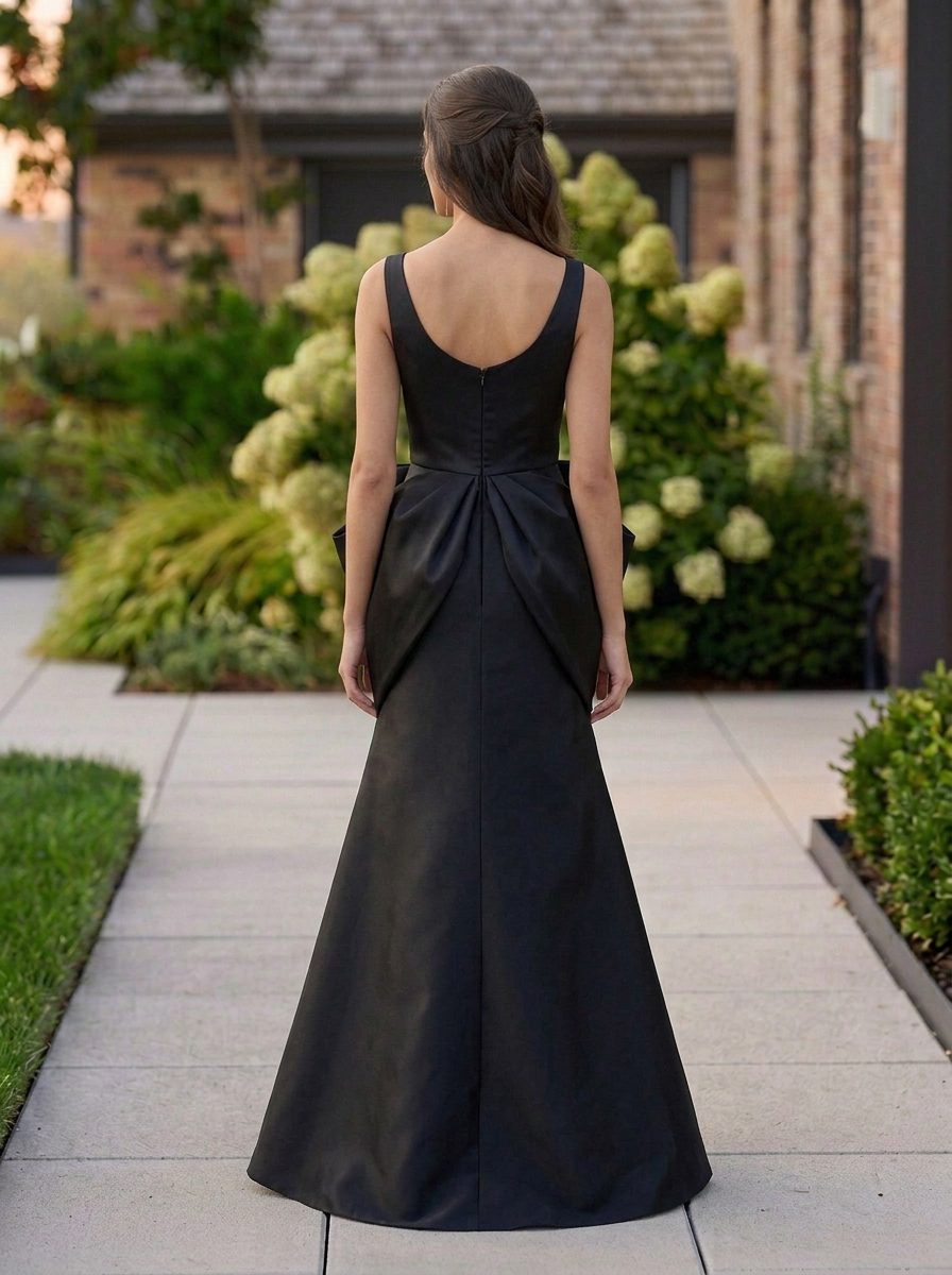 Black Beaded V-Neck Bow Waist Mermaid Evening Gown