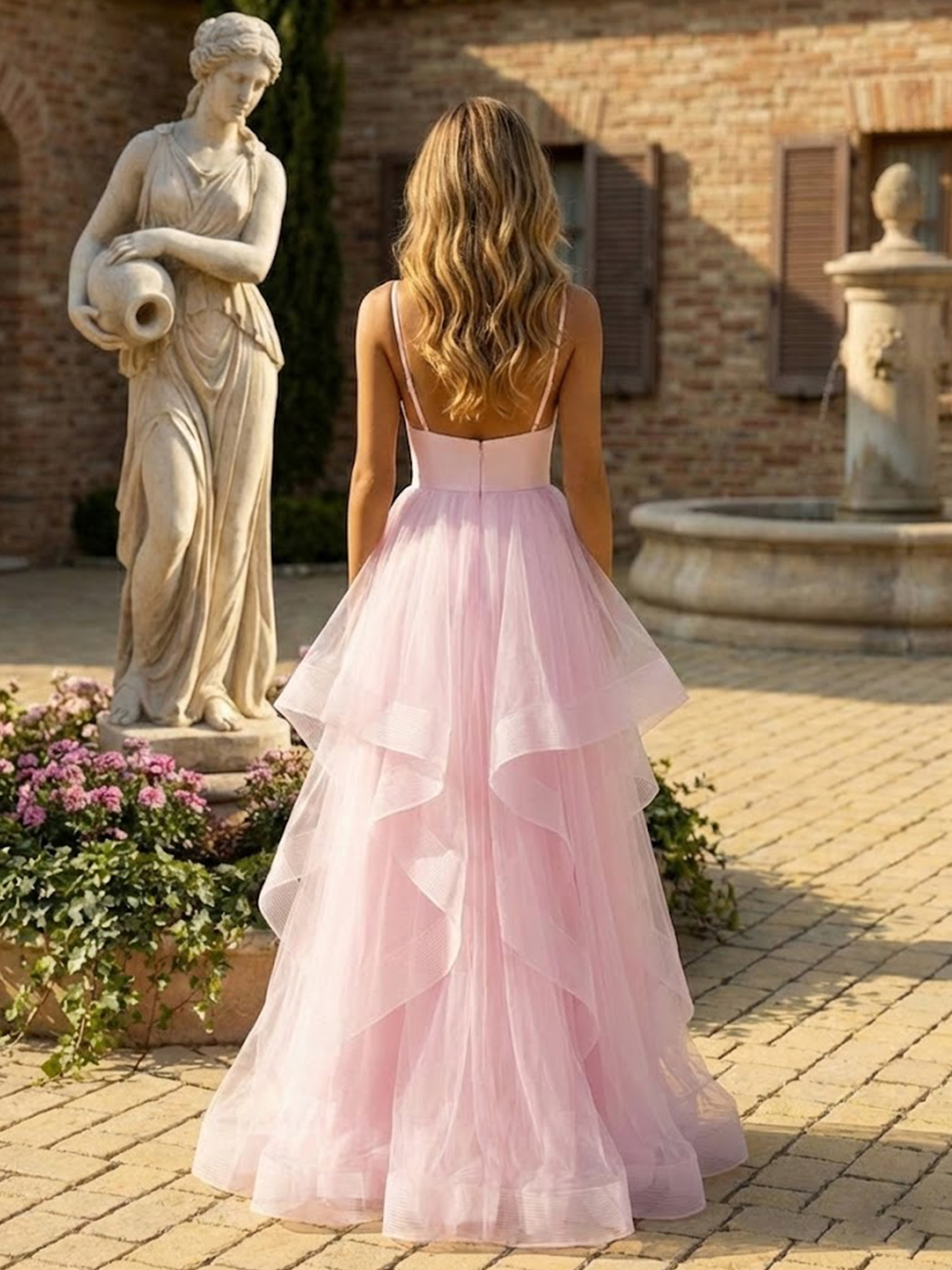 Spaghetti Straps Prom Dresses for Teens V Neck Tiered Evening Party Dress