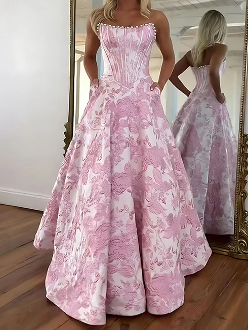 Pink Strapless A Line 3D Print Flower Prom Gowns with Beads