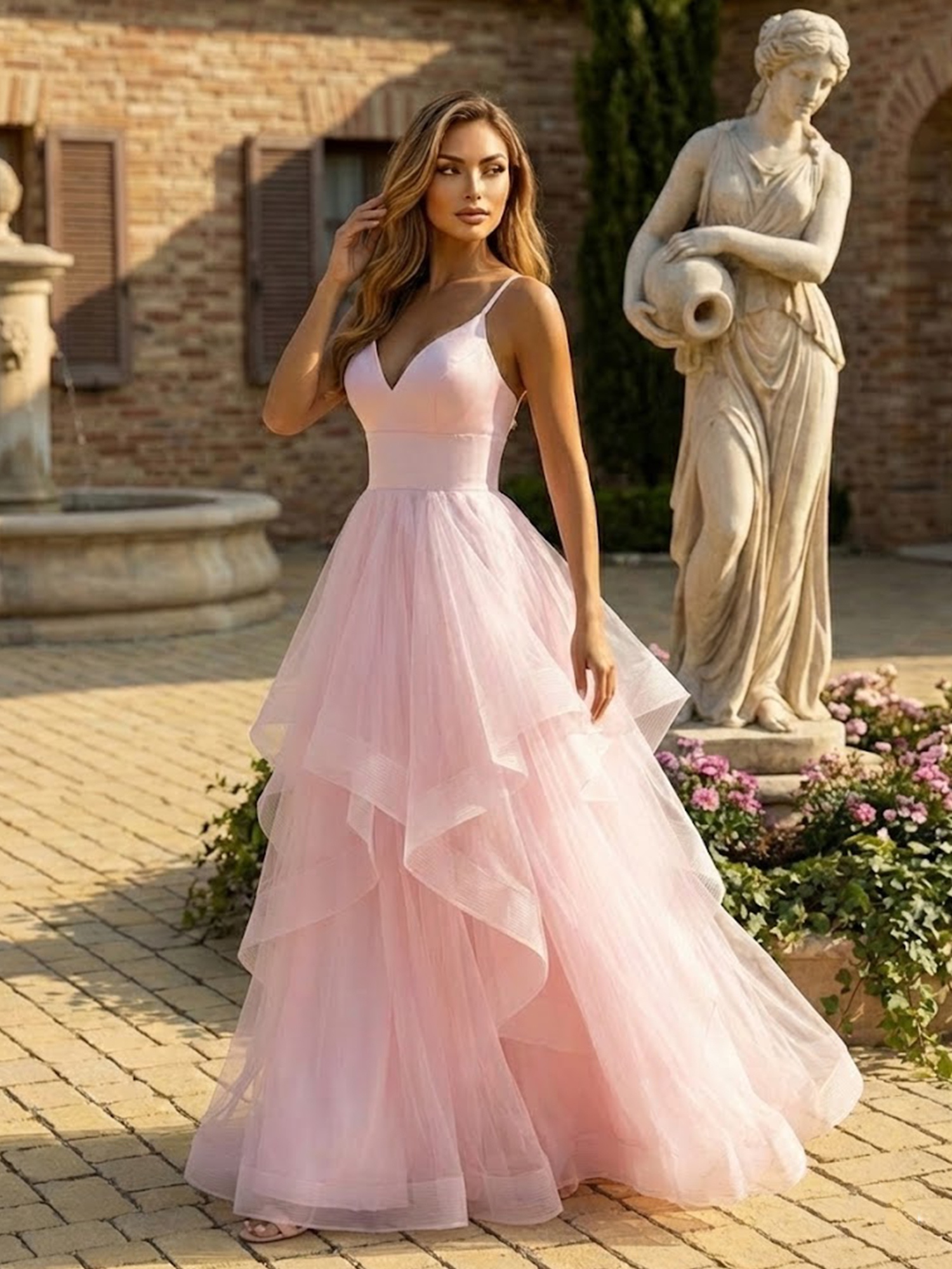 Spaghetti Straps Prom Dresses for Teens V Neck Tiered Evening Party Dress