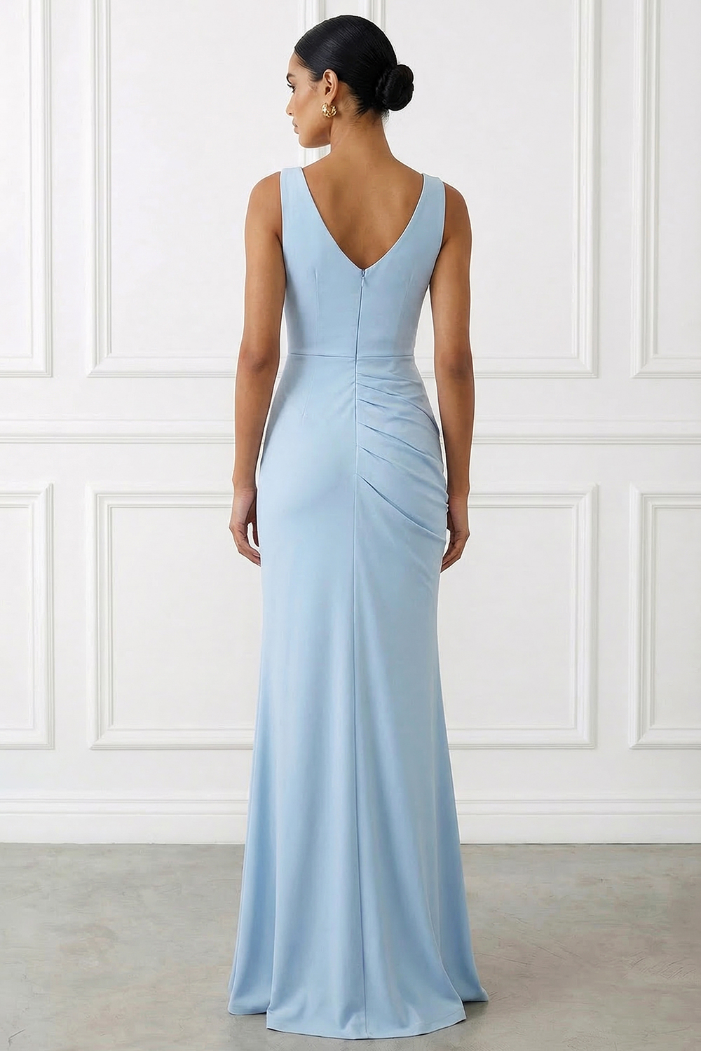 Sky Blue Formal ​Wedding Bridesmaid Dress Cowl Neck Chiffon Maxi Dress