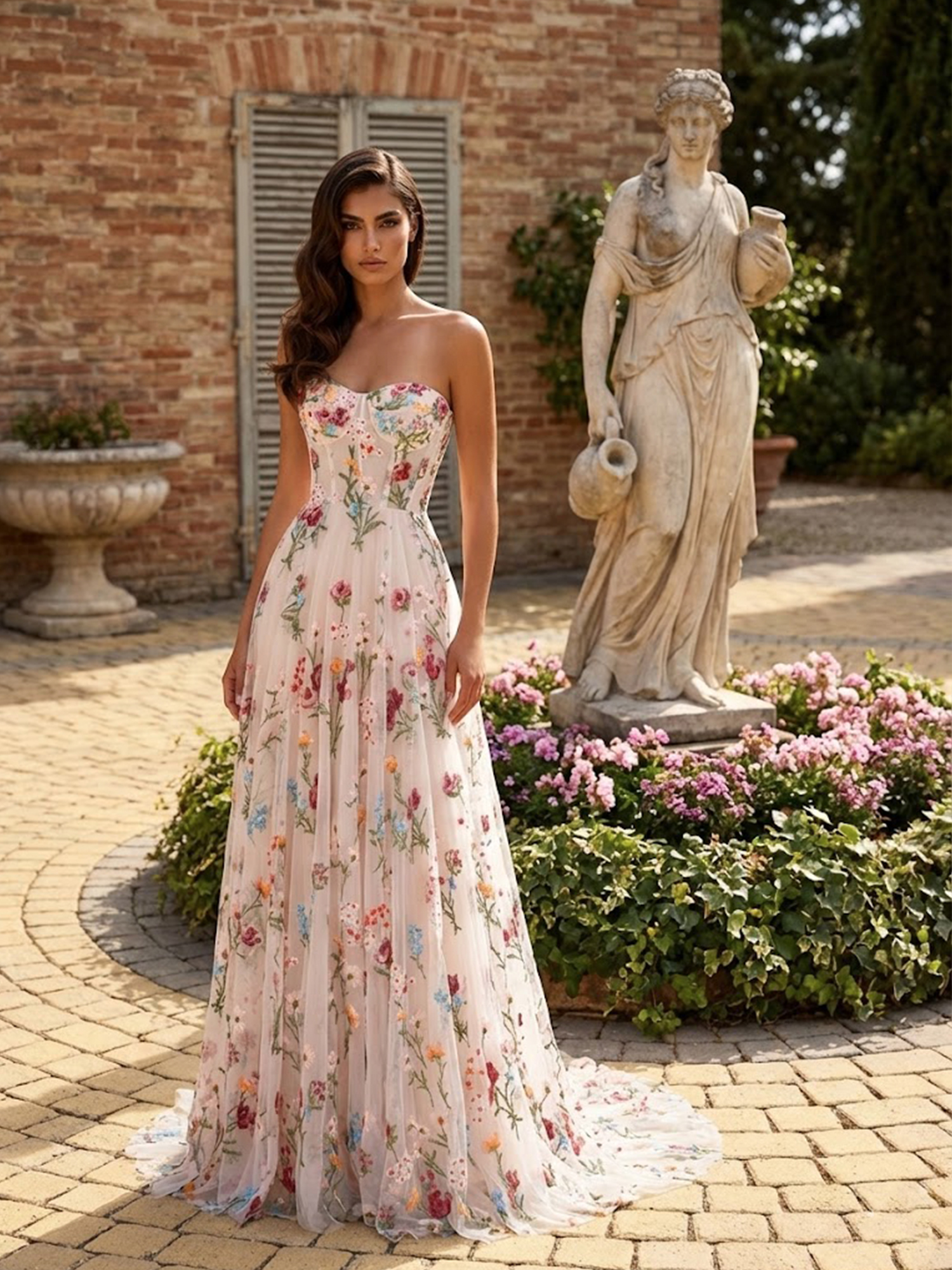 Strapless Floral A Line Prom Dresses for Teens Backless Spring Wedding Guest Dress