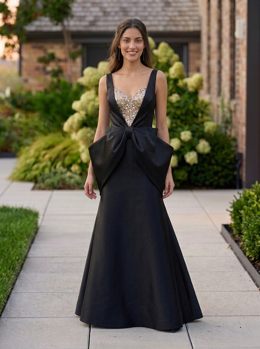 Black Beaded V-Neck Bow Waist Mermaid Evening Gown
