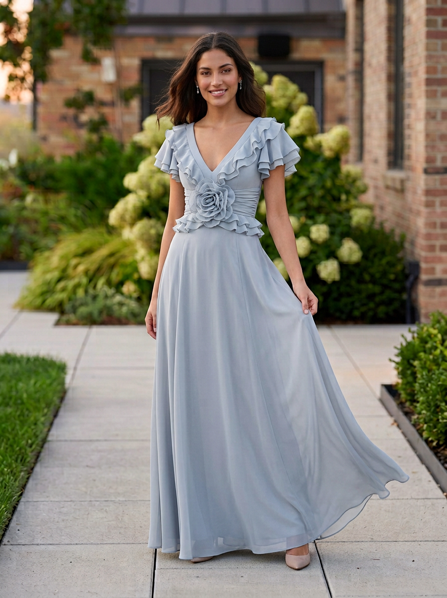 Dusty Blue V-Neck Ruffle Chiffon Long Formal Gown