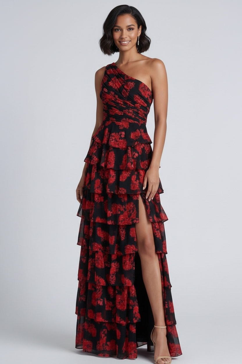 Black & Red Floral One-Shoulder Tiered Chiffon Gown
