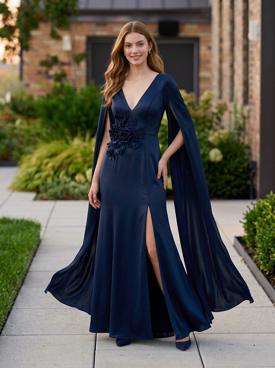 Navy V-Neck Cape Sleeve Mermaid Formal Gown