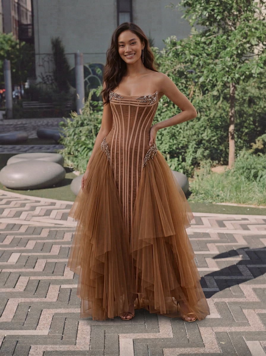 Brown Strapless Corset Beaded Tiered Tulle Evening Gown