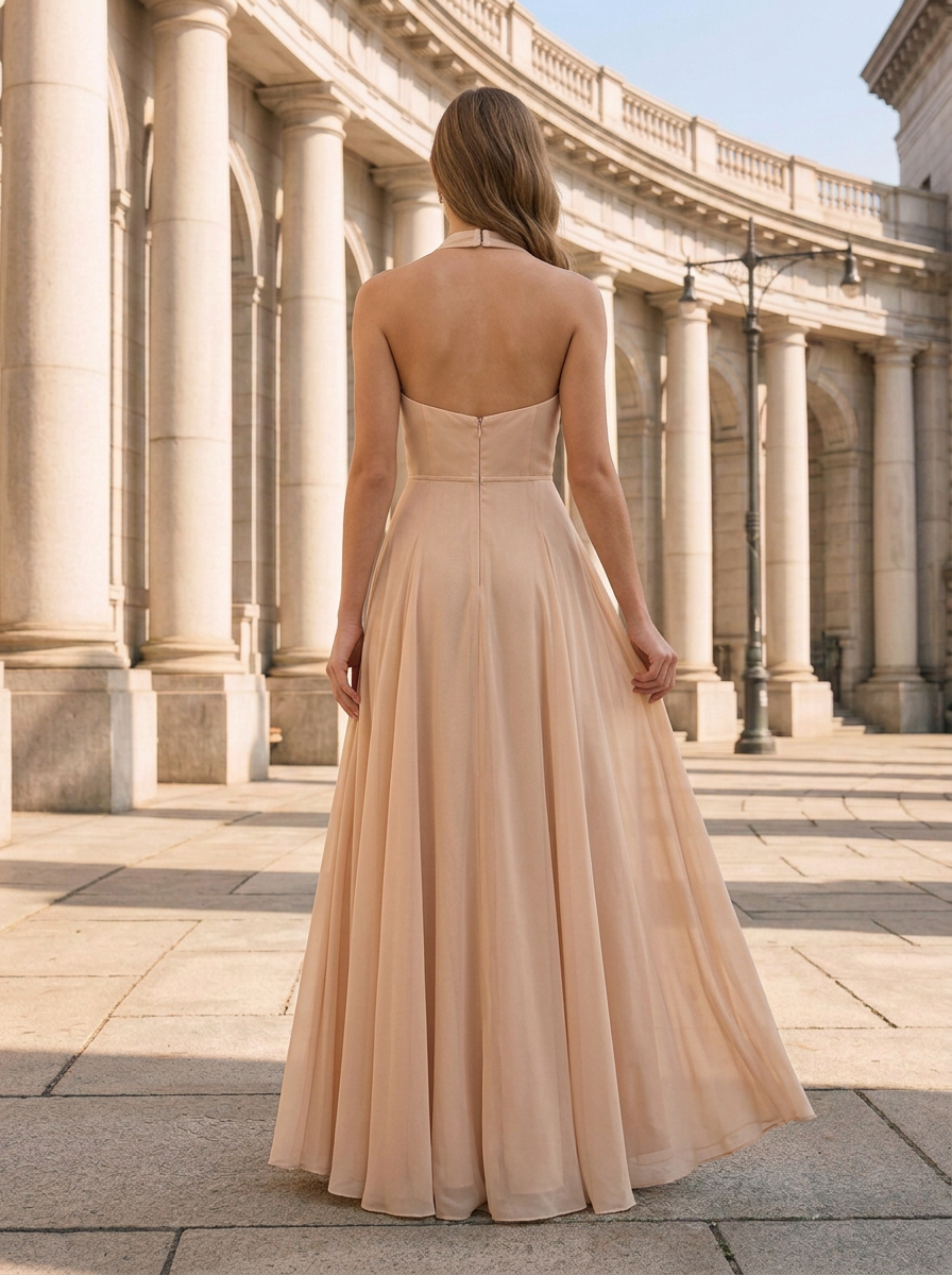 Champagne Halter Cowl Neck Chiffon Long Formal Gown