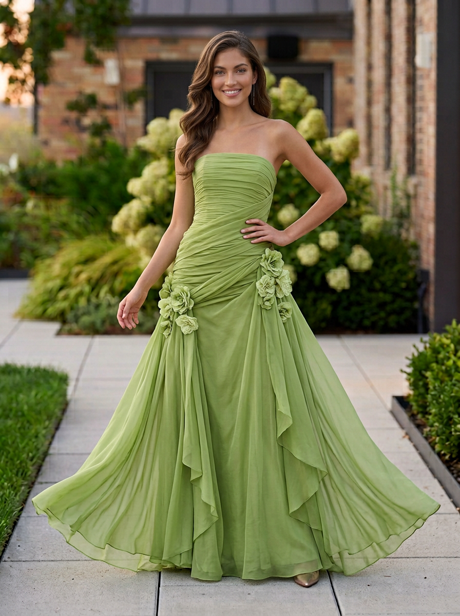 Green Strapless Ruched Chiffon Gown with 3D Florals
