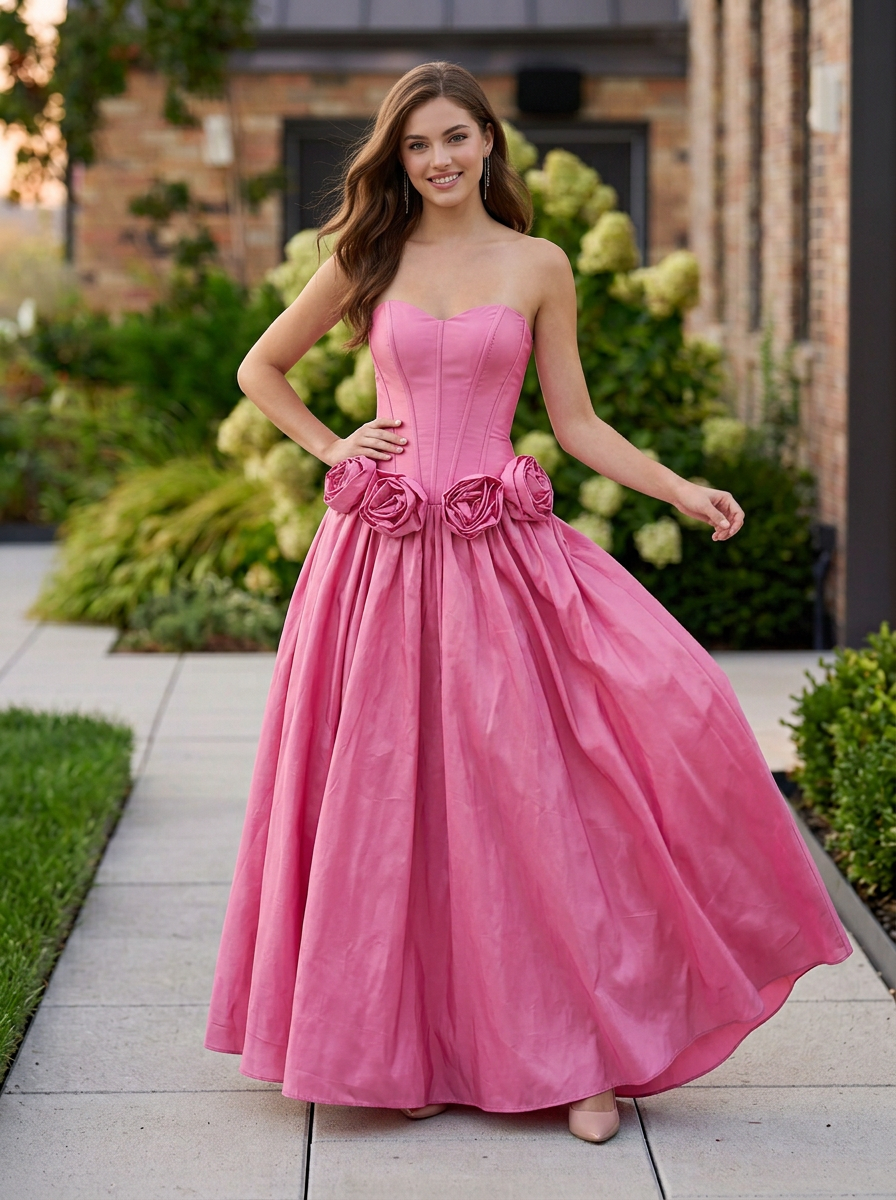 Pink Strapless Corset 3D Floral A-Line Evening Gown
