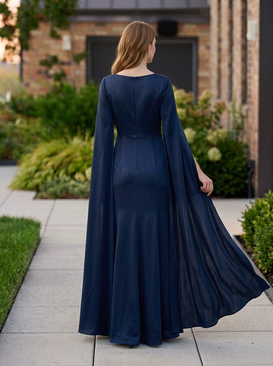 Navy V-Neck Cape Sleeve Mermaid Formal Gown