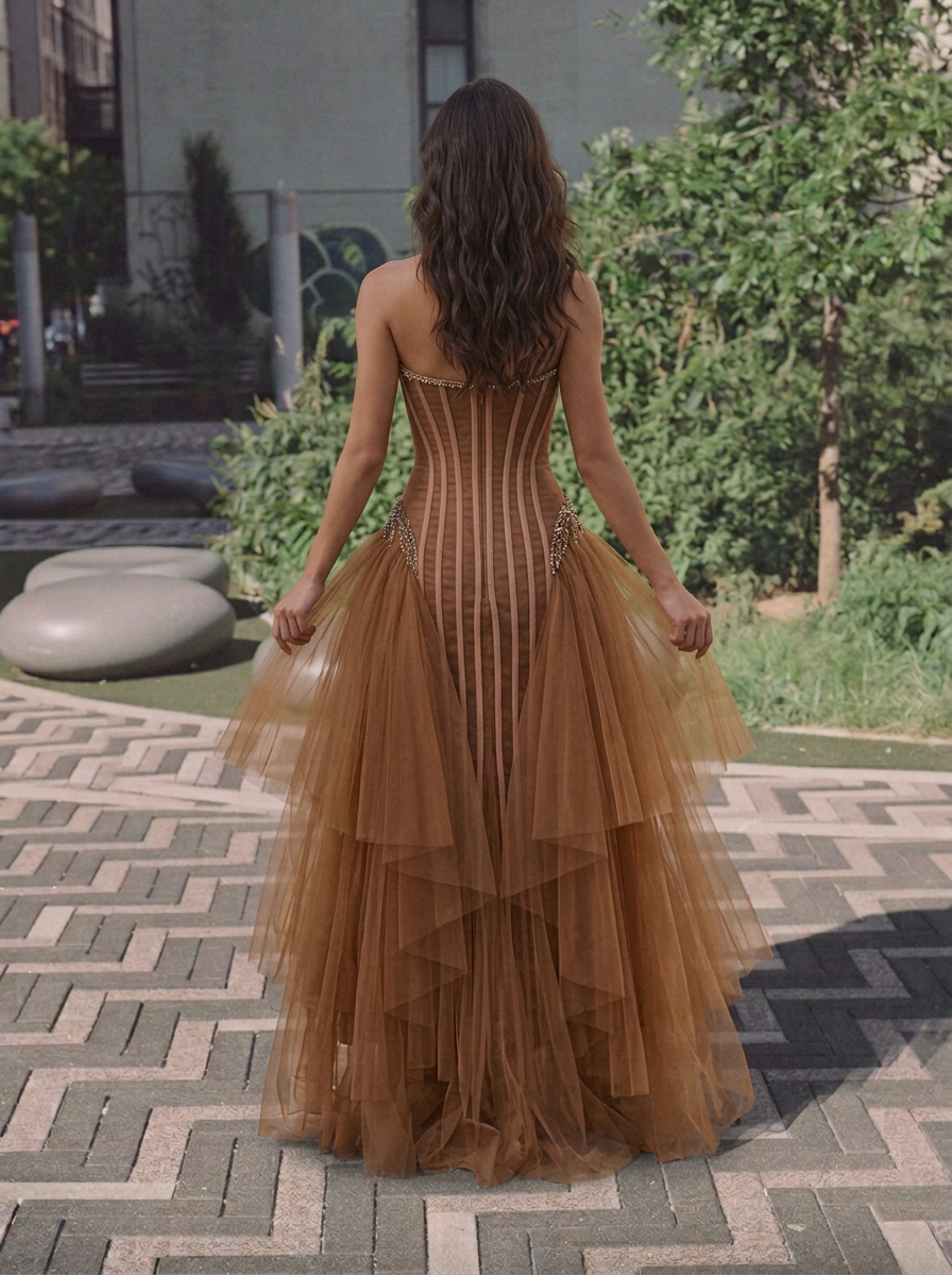 Brown Strapless Corset Beaded Tiered Tulle Evening Gown