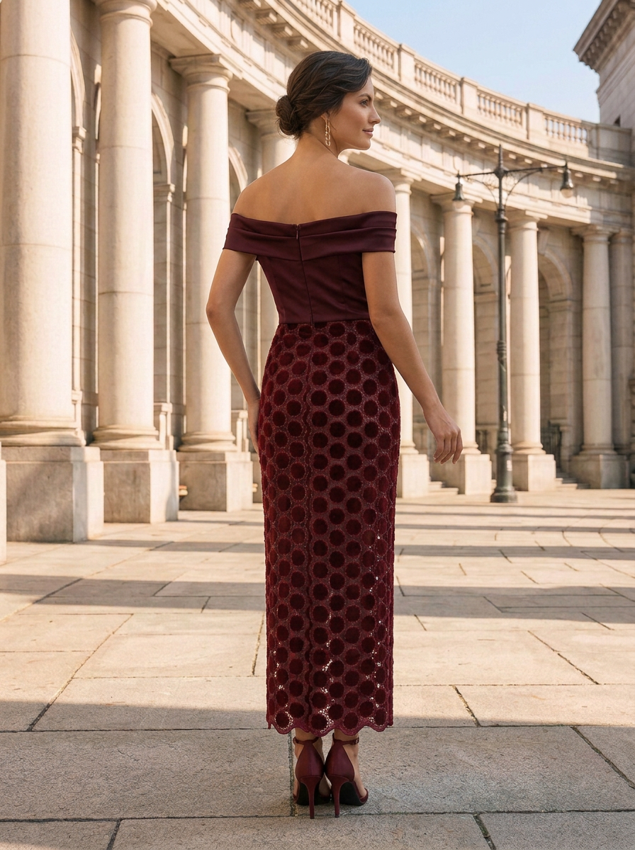 Burgundy Off-the-Shoulder Satin Lace Midi Formal Gown